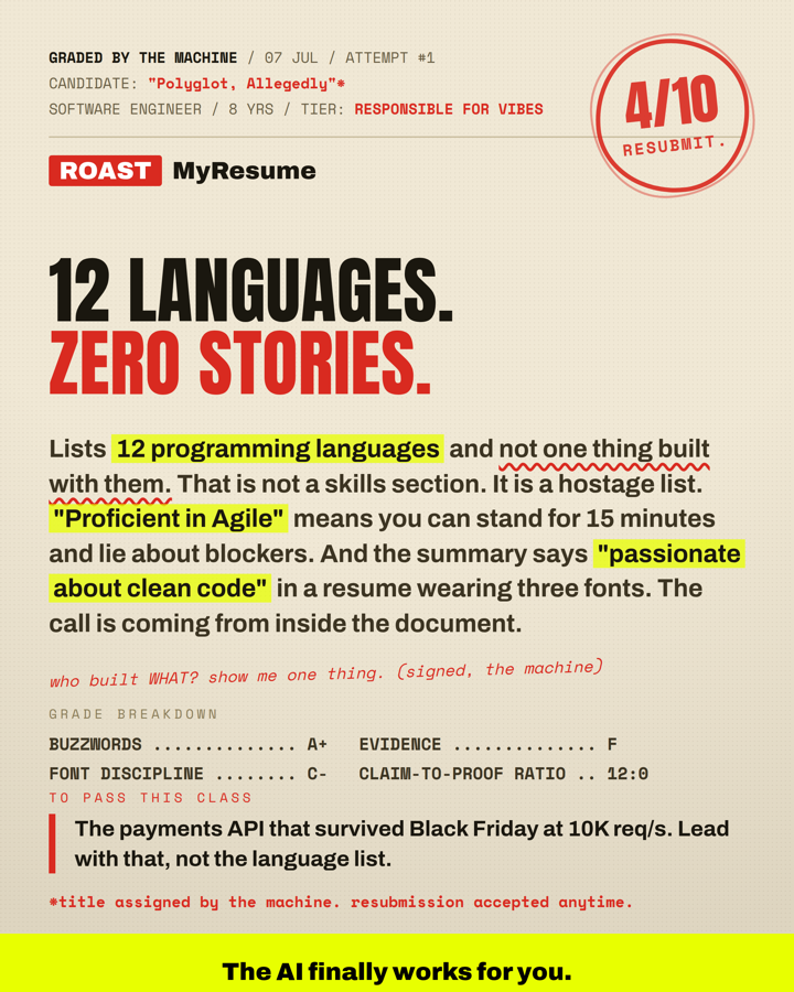 a roast card: a resume, graded in ink